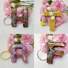 four different types of keychains with flowers in the background and one has a cross on it