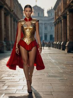 a woman in a red and gold costume is walking down the street with her cape on