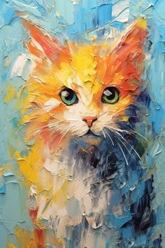 an orange and white cat with green eyes is shown in this colorful, abstract painting