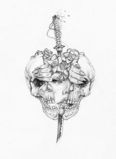 a pencil drawing of a skull holding a knife with roses on it's head