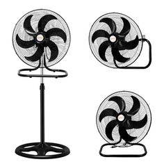 three black fans sitting on top of a metal stand next to each other and one is turned upside down