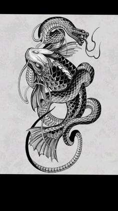 a black and white drawing of a fish with wings on it's tail, in the shape of a snake