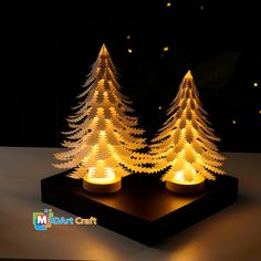 lighted christmas trees on a black box with gold lights in the dark night sky behind them