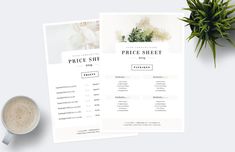 two pricing sheets next to a cup of coffee on a white table with a plant