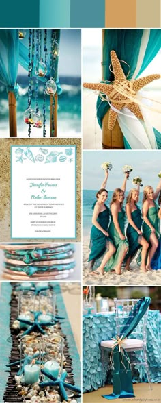 a collage of different pictures with blue and green colors, including the theme for an ocean themed wedding