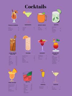 a purple poster with different types of cocktails