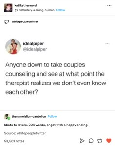 two tweets on twitter with the caption'anyone down to take couples counseling and set at what point the therapist