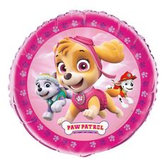 a pink foil balloon with paw patrol on it