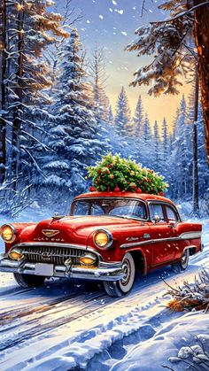 a painting of an old red car with a christmas tree on the roof and snow covered ground