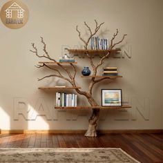 there is a tree with books on it in the corner of this room, next to a rug