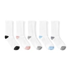 Add a comfy bundle to your sock collection with these Women's Ribbed 5pk Crew Socks - Dealworthy™ 4-10. Made from lightweight recycled polyester fabric, it makes it easy to wear throughout the day. These socks come with added spandex that will stay in place for a secure fit. Suitable for everyday use, these ribbed crew socks make a practical addition to wardrobe essentials. dealworthy™: Just what you need, priced just right. White Crew Socks Women, Comfortable Moisture-wicking White Socks, White Cotton No-show Socks, White Moisture-wicking Sporty Socks, White Non-slip Sporty Socks, Target Brands, Sock Packs, Recycled Polyester Fabric, Athletic Socks