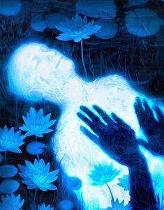 a person reaching out to the water with their hands in front of blue flowers and lily pads