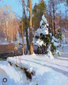 a painting of snow covered trees in the woods