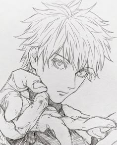 a pencil drawing of an anime character with short hair and blue eyes, sitting in front of