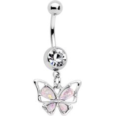 a white belly ring with a butterfly design on the front and bottom, surrounded by opal stones