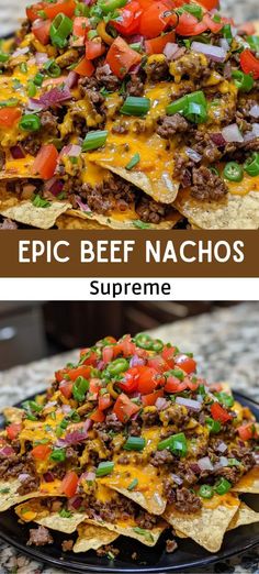 two plates with nachos on them and the words epic beef nachos supreme