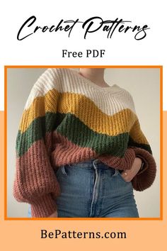 a woman wearing a striped sweater with the text crochet patterns free pdf