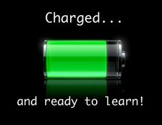 an image of a green battery with the words charged and ready to learn on it