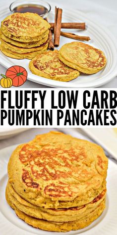 fluffy low carb pumpkin pancakes on a white plate