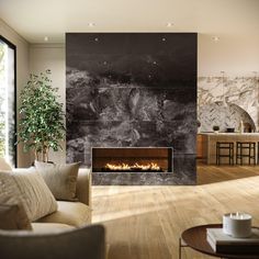 a living room filled with furniture and a fire place next to a wall mounted fireplace