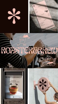 a series of photos with the words roasterfield in pink and black on them