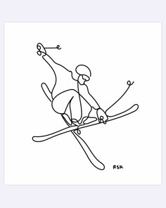 a line drawing of a skier in the air with skis on his feet and legs