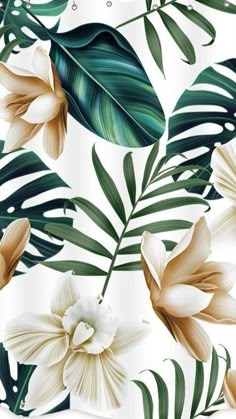 a white shower curtain with tropical flowers and leaves on the bottom, in front of a white background