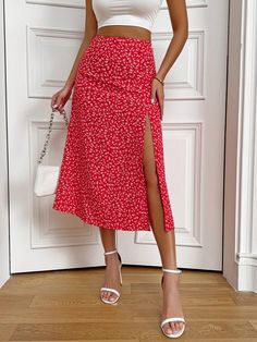 Rojo Bohemio Collar  Tela Plantas,floral de margarita,Estampado Integral Abertura Embellished Elástico Ligero Primavera/Verano Pu Skirt, Pu Leather Skirt, Red Boho, Tweed Skirt, Boho Patterns, Body Con Skirt, Summer Skirts, Shoulder Crop Top, Green Skirt