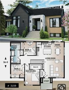 two story house plan with 2 bedroom and living room in the front, an open floor plan