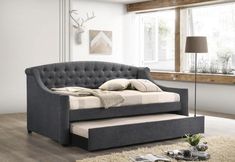 a day bed with a pull out trundle in front of a window