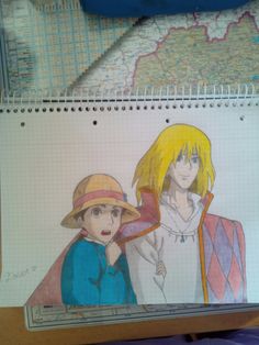 a drawing of two people standing next to each other in front of a map on a table