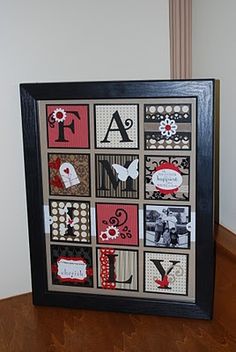 a black frame with letters and pictures on it