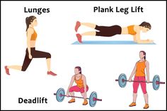 a man and woman doing exercises with dumbbells, plank leg lift and deadlift