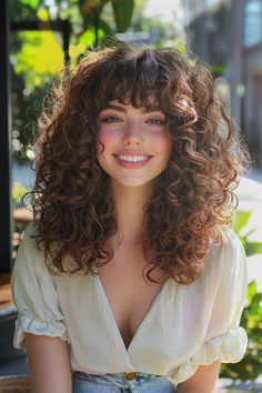 Embrace your curls with this stunning hairstyle that perfectly combines curly hairstyles with playful bangs. The soft, bouncy curls frame the face beautifully, while the bangs add a modern twist, enhancing your features and creating a stylish, effortless look. Whether you're heading to a brunch or a night out, this hairstyle will elevate your vibe. Discover how versatile curly hairstyles can be with bangs for a chic and confident statement! Short Curly Hair Thick, Fringes For Curly Hair, Curly Bangs And Glasses, Curly Haircuts Medium With Bangs, Curly Hair How To Style, Medium Curly Hair Bangs, Curly Bangs Side Part, Soft Bangs Curly Hair, Thick Curly Hair With Bangs