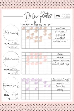 a printable daily routine sheet with the date and time for each month on it