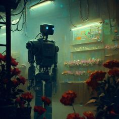 a painting of a cyborg in a flower shop , concept art by Simon Stalenhag, featured on tumblr, neo-primitivism, dystopian art, art on instagram, concept art Dystopian Robot Concept Art, Dystopian Society Art, Robot Apocalypse Concept Art, Dystopia Concept Art, Dystopian Painting, Dystopian Concept Art, Flower Shop Concept, Dystopian Character Design, Shop Concept Art