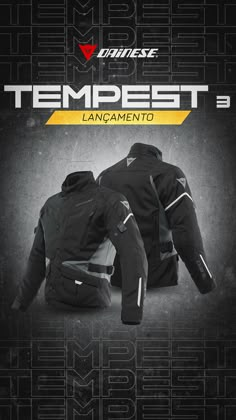 the tempestfest 3 jacket is shown in black and white, with yellow lettering on it