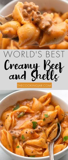 the words world's best creamy beef and shells are shown in this collage