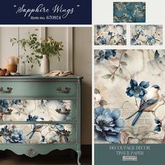 a blue dresser with flowers painted on it and the words shopahe things written below