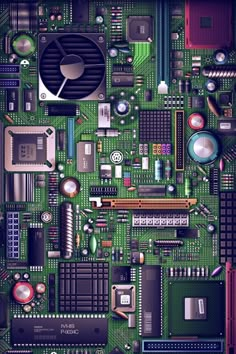 a computer motherboard with many different components on it, including cpus and other electronic equipment