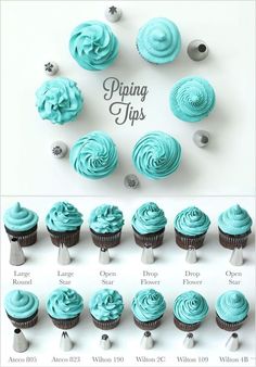 an image of cupcakes with blue icing on them and the words piping tips