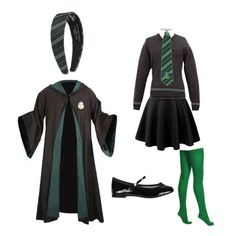 a harry potter costume is shown with green tights and black shoes, including a sly dress