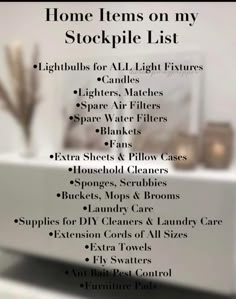 a list of items that are on top of a white shelf in front of a wall