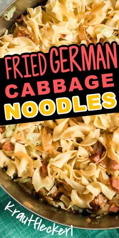 a close up of a plate of food with text over it that reads fried german cabbage noodles