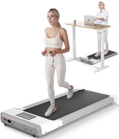 a woman is running on a treadmill while another person works on the computer behind her