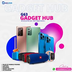 an advertisement for the gadgett hub, which is selling cell phones and accessories