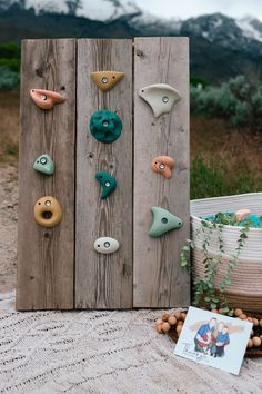 a wooden board with several different colored buttons on it next to a potted plant