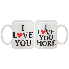 two white coffee mugs with i love you more written on the front and back