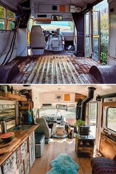 the inside and outside of an rv with wood flooring