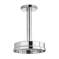 an overhead shower head in chrome finish